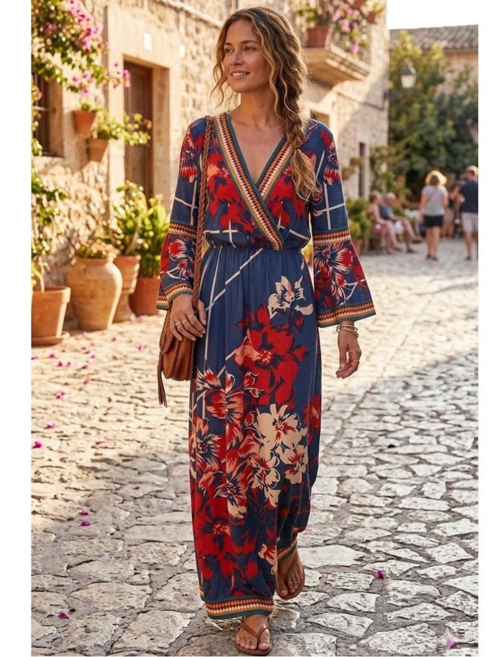Flying Tomato | Isabella Blue & Red Floral Maxi Dress w/flowy sleeves SZ S